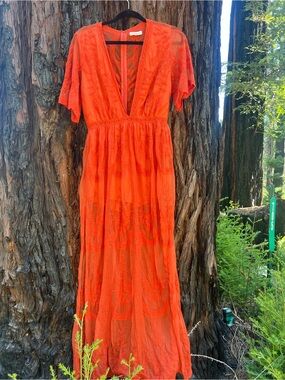 Women's Burnt Orange Lace Low V-Neck Maxi Dress
